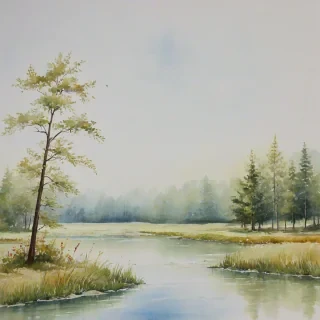 serene nature scene in water colors, full-body view, plain white background