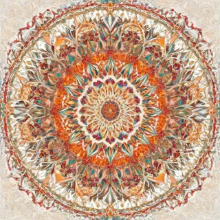 A colorful, symmetrical kaleidoscope with intricate patterns and shapes, set against a plain white background, in a wide shot with the entire kaleidoscope visible, created in a digital art style with vibrant colors and dynamic shadows