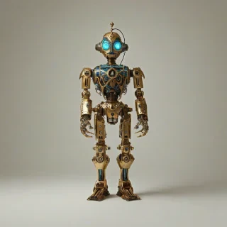 A full-body view of a robot named Cyan, with a Victorian-era inspired design, intricate brass details, and a dignified demeanor, set against a plain white background, with a warm, soft lighting and a slight sepia tone to evoke a sense of nostalgia, in a wide shot with its feet visible, on a plain white background, even lighting