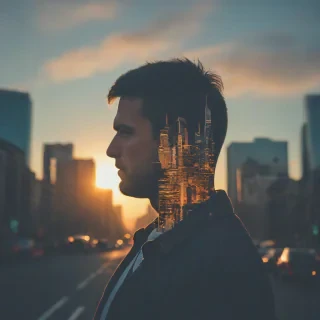double exposure photography of a man and a sunset city