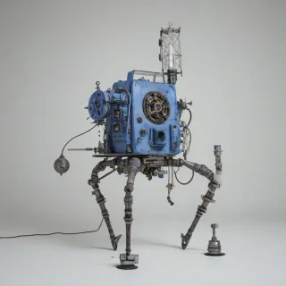 full-body view of periwinkle scientific equipment in a post-apocalyptic setting, wide shot, on a plain white background, on a plain white background, even lighting 