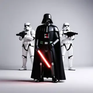 Darth Vader holding his red light saber. There are four storm troopers standing directly behind him holding their guns