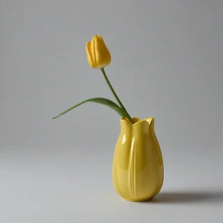 Yellow vase in the shape of a tulip bud, on a plain white background, even lighting