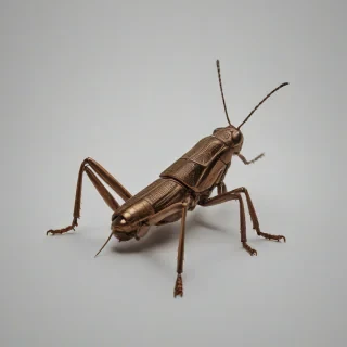 A highly detailed, realistic bronze-colored insect, such as a beetle or a grasshopper, with a full-body view and its feet visible, on a plain white background, with a wide-angle shot and soft, natural lighting, in a realistic art style with intricate textures and patterns, on a plain white background, even lighting, on a plain white background, even lighting 