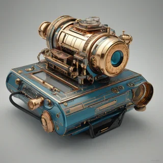 A intricately detailed, retro-futuristic gadget, named Sapphire, with a Dieselpunk aesthetic, featuring brass and copper accents, with a wide-angle view of the entire device on a plain white background, with soft, warm lighting and dynamic shadows, in a digital art style, with a sense of nostalgia and industrial elegance, full-body view, with all components visible, and a slight sheen to the metallic surfaces, on a plain white background, even lighting