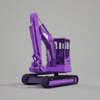 A purple excavator in a wide shot, full-body view, with a pixel art style, on a plain white background, with vibrant purple color and blocky pixel details, dynamic shadows, and a slight backlight to accentuate the machine's shape, on a plain white background, even lighting 