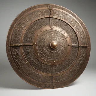 A round bronze shield with intricate carvings, full-body view, on a plain white background, with a wide-angle shot, in the style of a medieval illustration, on a plain white background, even lighting 