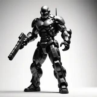 Doom guy in a dynamic combat pose with a sturdy shield attached to his forearm and a powerful shotgun in his opposite hand, matte gray plastic texture, full-body view, wide shot, feet visible, on a plain white background, cinematic lighting with dynamic shadows, high-contrast colors, digital art style with bold lines and vibrant details