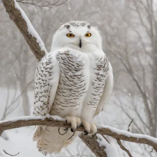 A majestic snowy owl, full-body view, perched on a branch, with a soft, white, and feathery plumage, big round eyes, and sharp talons, set against a white snowy background, in a digital art style with subtle shading and texture, wide-angle shot, with a warm and cozy atmosphere, and a sense of serenity