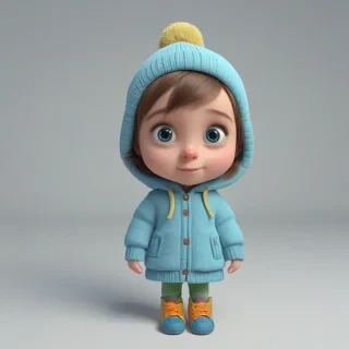 3d cartoon animation, cute kid dressed in winter clothes, big eyes, rounded features, short body, tiny nose, tiny feet, vivid colors, wide angle shot, feet visible, on a plain white background, even lighting