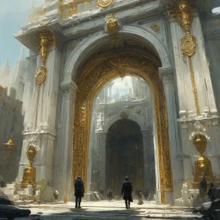 Digital art of something unlocked, include a giant open gateway and a scene bustling with details, accent white and gold colors, Michael Whelan and Jeremy Mann influenced art styles