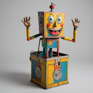 A vintage jack in the box toy, full-body view, with a colorful metal body, a surprised expression on the jack's face, and a old, worn crank on the side, on a plain white background, in a wide shot, with the lid open and the jack popped up, in the style of a nostalgic illustration from the 1950s, on a plain white background, even lighting 