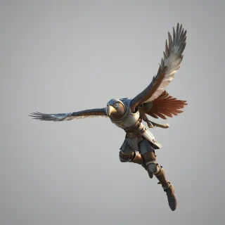3d animation medieval flying hero bird, bright lighting, wide angle shot, on a plain white background, even lighting