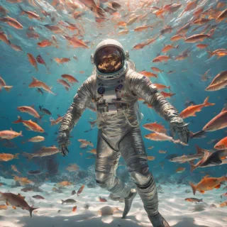 A full-body view of a detailed astronaut in a sleek, metallic spacesuit, submerged underwater in a vibrant ocean, surrounded by a school of colorful fish, a curious shark, coral, and seaweed, with sunlight shining down from above, creating a warm glow, on a plain white background, in a realistic digital art style