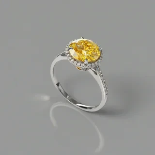 A canary yellow diamond ring, full-body view, on a plain white background, with a wide shot, in a digital illustration style, with the diamond being the main subject, and the ring being a silver band with a simple setting, with the diamond being the central focus, and the overall image being bright and colorful, on a plain white background, even lighting 
