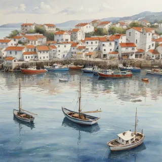 Watercolor painting of a serene ocean town with small fishing boats scattered in the water, full-body view, on a plain white background