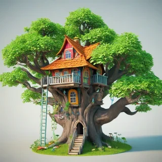 3d animation cartoon style fairy tree house, bright and vivid colors, on a plain white background, even lighting