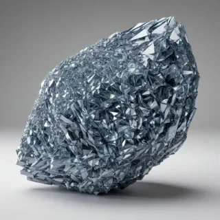 A large, intricate crystal formation in a steel blue color, with sharp, defined edges and a highly detailed, photorealistic appearance, set against a plain white background, in a wide shot with the entire formation visible, including the base and any surrounding crystalline structures, with accurate lighting and shading to enhance the realistic look, on a plain white background, even lighting 