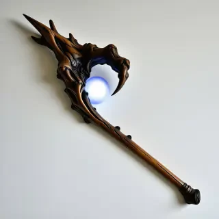 A wizards staff made out of crooked and gnarled wood. At the end is a wooden claw holding a glowing blue sphere