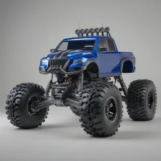A detailed, full-body view of a remote control big wheel truck, with a metallic blue body, a black racing stripe, large black wheels, and a silver chassis, on a plain white background, with a wide-angle shot and soft, natural lighting, on a plain white background, even lighting 