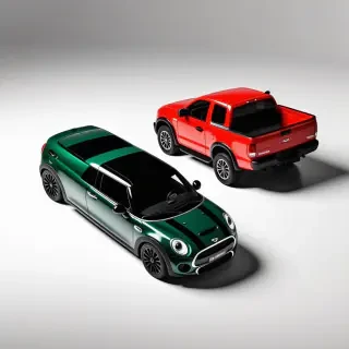green mini cooper next to a red pickup truck
