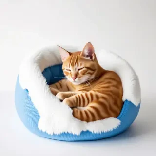 A small orange tabby cat curled up in a fluffy white and blue cat bed