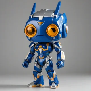 a blue mecha suit, funko pop style, with an enlarged head, on a plain white background, even lighting