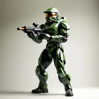 Master Chief from Halo in a combative stance, shield attached to forearm, large shotgun in opposite hand, fully lit on all sides with few shadows, wide shot, full-body view, feet visible, on a plain white background, photorealistic style, high level of detail, dynamic lighting, no background elements, no other characters, focus on Master Chief