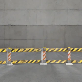 A highly detailed concrete road barricade with realistic textures and colors, on a plain white background, under evenly distributed and bright lighting