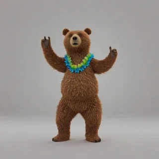 3D hand-drawn, animation, bear standing up on back legs, wearing a colorful Hawaiian lei,, on a plain white background, even lighting