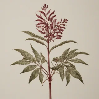 A beautiful, full-body view of a rare, exotic Burgundy-colored plant with delicate, intricate patterns on its leaves, set against a plain white background, in the style of Victorian-era botanical illustrations, with soft, warm lighting and gentle shadows, and a wide shot to showcase the plant's unique shape and texture, on a plain white background, even lighting