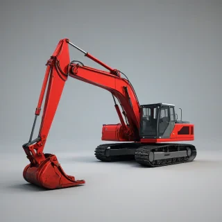 A red, industrial excavator, full-body view, on a plain white background, with a wide-angle shot, and dynamic shadows, in a digital art style, with a focus on the machine's details and textures, on a plain white background, even lighting