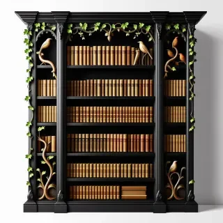 A dark wooden bookcase covered with carvings of vines and birds. On the bookshelf are dozens of old books