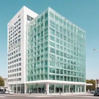 A sleek, modern building with a mint green glass facade, reflecting the surrounding cityscape in a hyperrealistic style, with precise details and textures, set against a plain white background, in a wide shot with the entire building visible from base to tip, with a clear blue sky above, on a plain white background, even lighting 