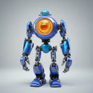 A full-body view of a periwinkle-colored robot, with a cartoon style, standing on a plain white background, with bright and vibrant colors, and a wide-angle shot, featuring a fun and playful expression, with detailed mechanical parts and a shiny metallic surface, in a digital art style with bold lines and textures, on a plain white background, even lighting