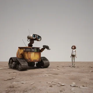 Eve from Wall-E, wide shot, full-body view, standing on a barren wasteland, plain white background, digital art style, high detail, intricate textures, on a plain white background, even lighting 