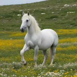 A white horse with a yellow mane and tail, with yellow wings wide open, on it's back, in a field of wildflowers