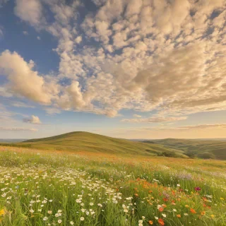 A serene landscape of rolling hills covered in a vibrant array of wild flowers, with a warm sunny sky and a few puffy white clouds, in a wide shot with the entire scene visible,