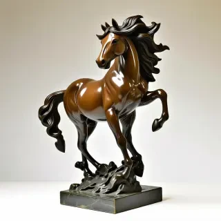 A bronze statue of a horse standing on its hind legs and its hair flying backwards from wind