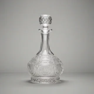 A full-body view of a luxurious crystal liquor decanter with intricate cuttings, standing on a plain white background, with a wide-angle shot, and soft, warm lighting, in the style of fine glasswork photography, on a plain white background, even lighting 