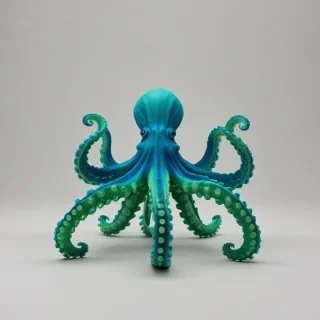 3d print of green and blue ,articulated, deep sea octopus,, on a plain white background, even lighting