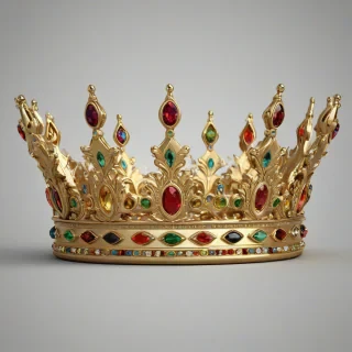 A golden crown with precious gems, full-body view, on a plain white background, with intricate details and a regal design, wide shot, with the crown's base and peaks visible, digital art style, high level of detail, realistic lighting, and a sense of luxury, on a plain white background, even lighting 