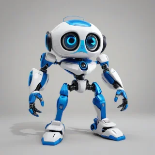 A cute, blue and white video game robot with a body, big eyes, and a face, standing in a full-body view with its feet visible, on a plain white background, in a comic book art style with bold lines and bright colors, with a wide-angle shot and soft lighting, on a plain white background, even lighting, on a plain white background, even lighting 