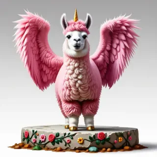 A happy llama with fluffy and curly fuscia fur, large pink angel wings, golden hooves, wide eyes, and a golden unicorn horn standing on a worn down stone platform engraved with images of flowers and vines