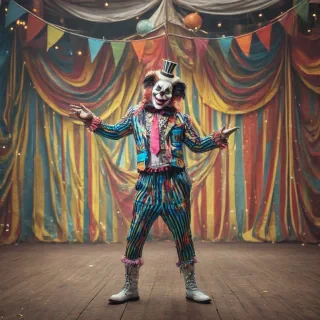 Colorful monster performing at circus, full-body view, creepy circus background