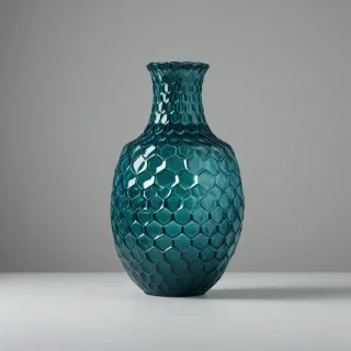dark teal colored, hexagon shaped vase, with hexagon shaped scales, on a plain white background, even lighting
