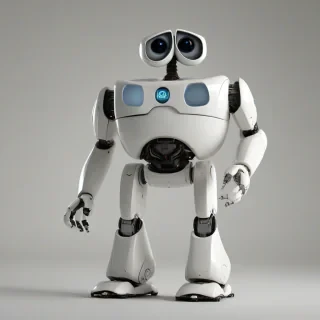 Eve the white robot from the movie Wall-E, standing on a plain white background with even lighting, with a sleek, rounded body that is egg-shaped, with no neck or legs, and sleek arms with no visible joints, without a panel on the back.
