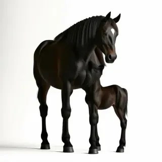 Black horse standing, with a black baby horse standing next to the bigger one