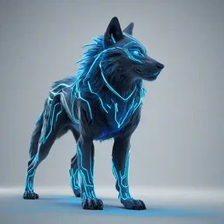 A blue, futuristic, concept art wolf with glowing blue lines and neon blue fur, in a full-body view, with its feet visible, on a plain white background, with a wide-angle shot, and dynamic shadows, on a plain white background, even lighting