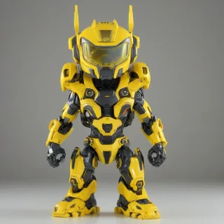 a bright yellow mecha suit in a funko pop style with an enlarged head, vibrant colors and bold lines on a plain white background with even lighting